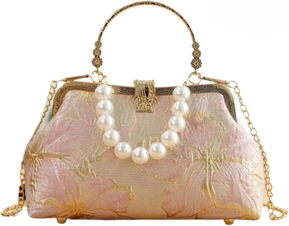 Pearl Evening Bag for Women Lily Pattern Vintage Embroidered Floral Clutch Purse Evening Handbag Shoulder Crossbody Bags