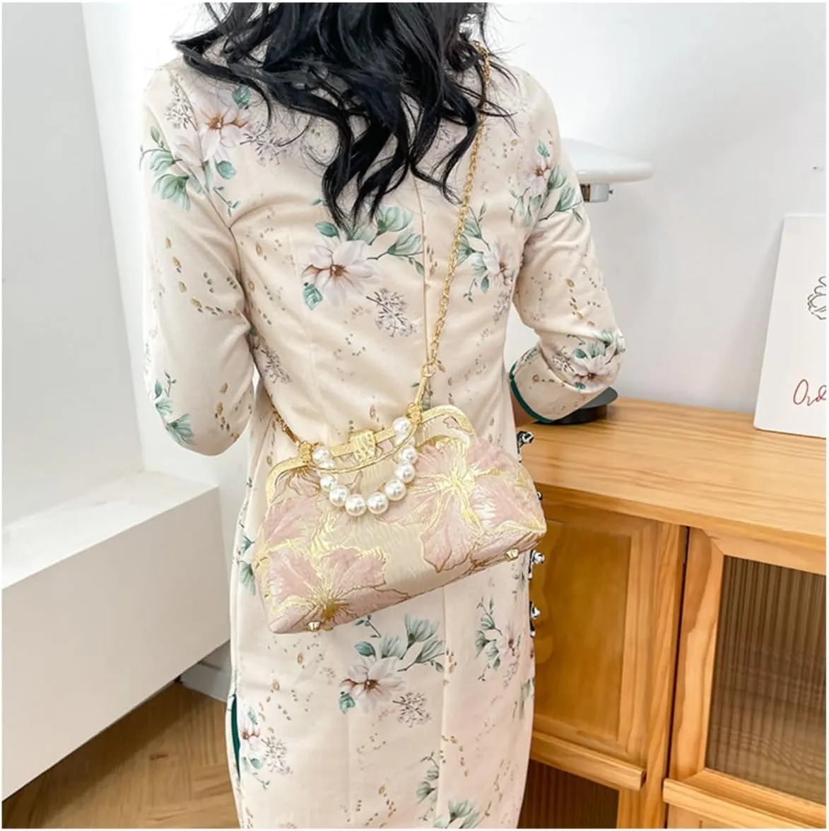 Pearl Evening Bag for Women Lily Pattern Vintage Embroidered Floral Clutch Purse Evening Handbag Shoulder Crossbody Bags