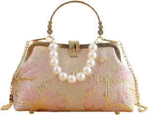 Pearl Evening Bag for Women Lily Pattern Vintage Embroidered Floral Clutch Purse Evening Handbag Shoulder Crossbody Bags