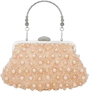 Pearl Evening Bag Gold Bright Silk Evening Bag Circular Rhinestone Decorative Chain Banquet Clutch Shoulder Bags Wedding Party for Party Prom Wedding(Color 02)