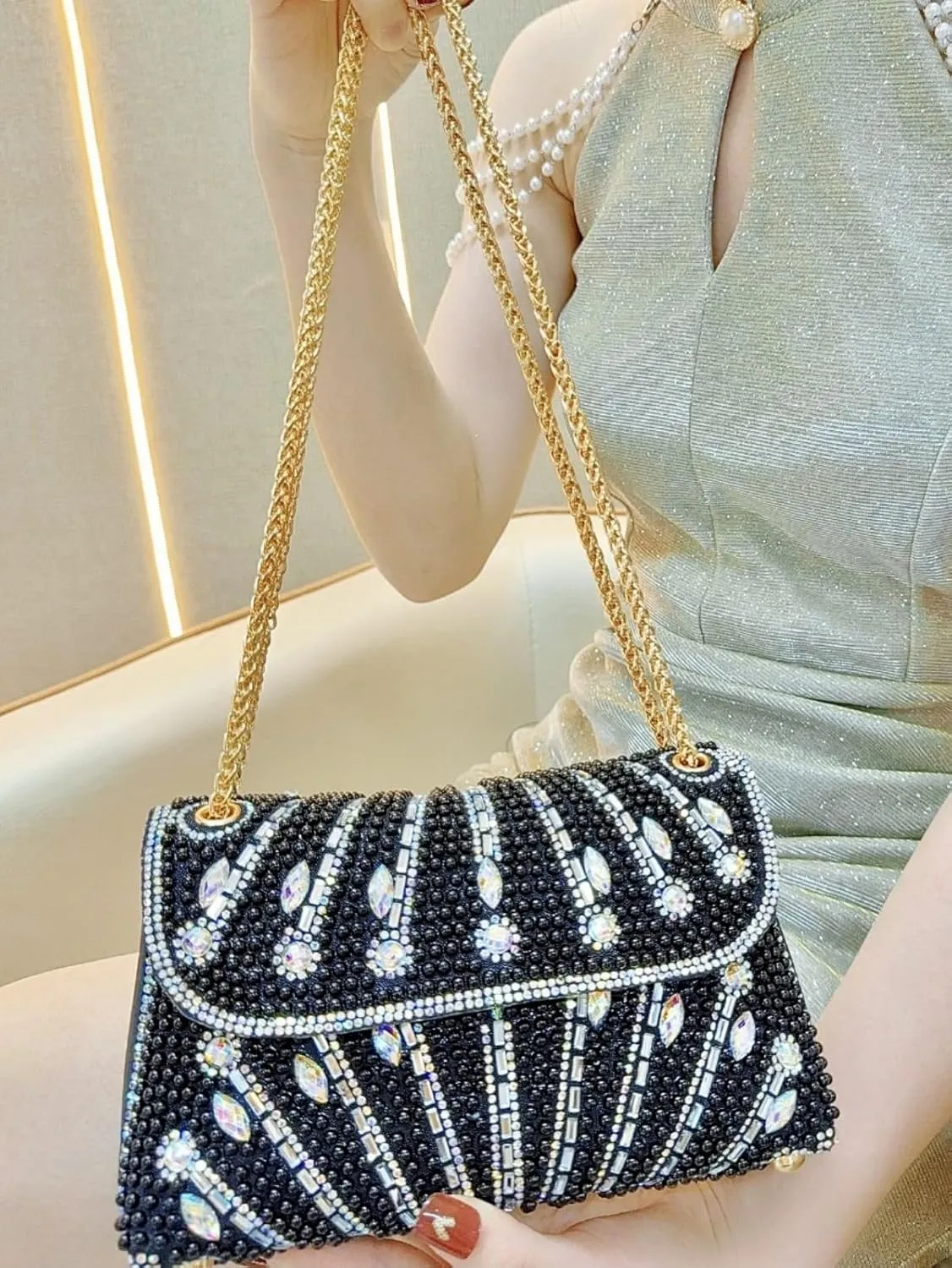 Pearl Rhinestones Clutch Purses for Women with Chain Strap Sparkly Evening Bags Crossbody Purse for Cocktail Prom Wedding