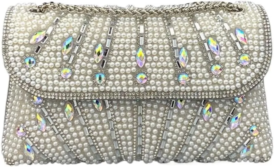 Pearl Rhinestones Clutch Purses for Women with Chain Strap Sparkly Evening Bags Crossbody Purse for Cocktail Prom Wedding