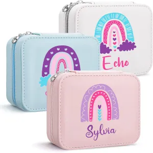 Personalized Leather Jewelry Box, Girls Rainbow Jewelry Box Travel Case, Small Jewelry Organizer Ring Case, Kids Birthday Christening Gift - Flower Girl