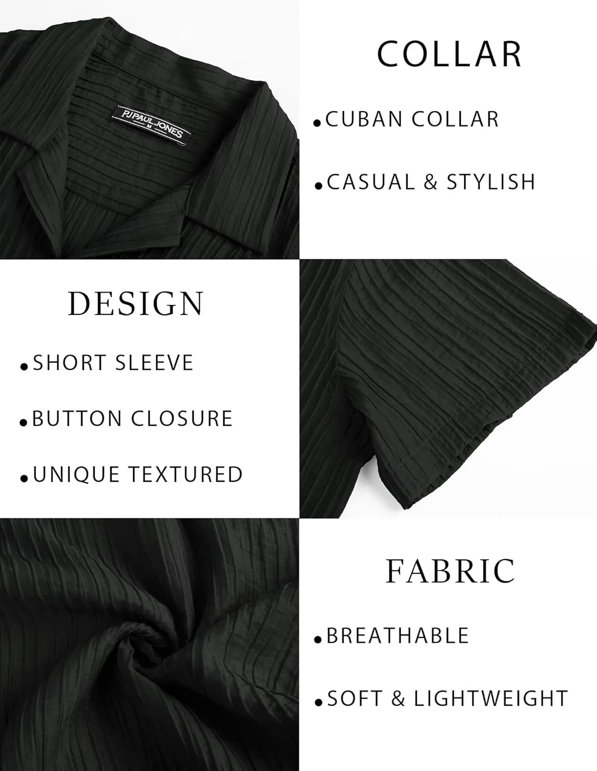 PJ PAUL JONES Mens Casual Shirts Summer Short Sleeve Textured Shirts Summer Cuban Collar Shirts