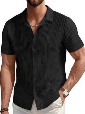 PJ PAUL JONES Mens Casual Shirts Summer Short Sleeve Textured Shirts Summer Cuban Collar Shirts