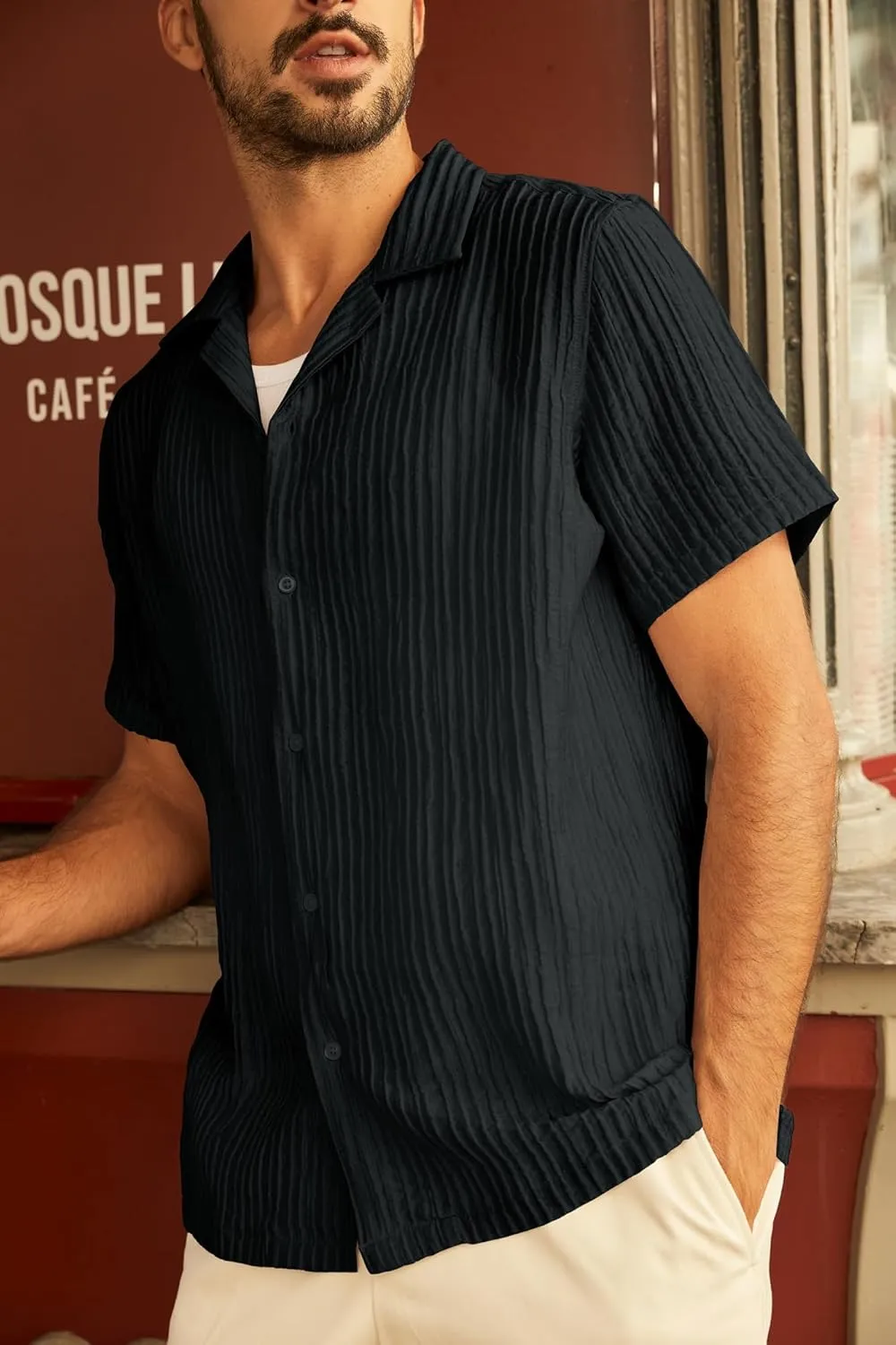 PJ PAUL JONES Mens Casual Shirts Summer Short Sleeve Textured Shirts Summer Cuban Collar Shirts