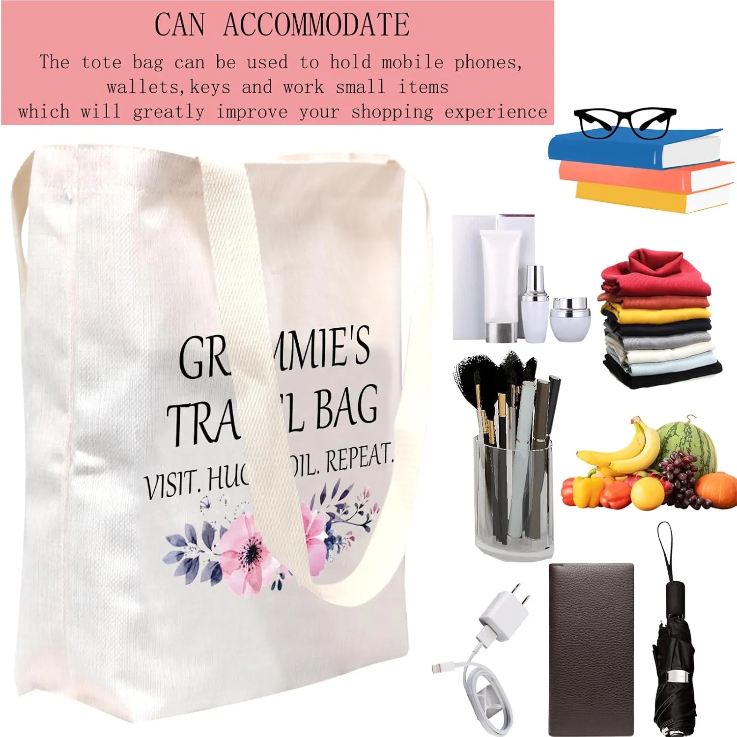 POFULL Grammie Gift Grandma Gift Mother's Day Grammies Travel Bag Visit Hug Spoil Repeat Tote Bag (Grammies Travel Tote Bag)
