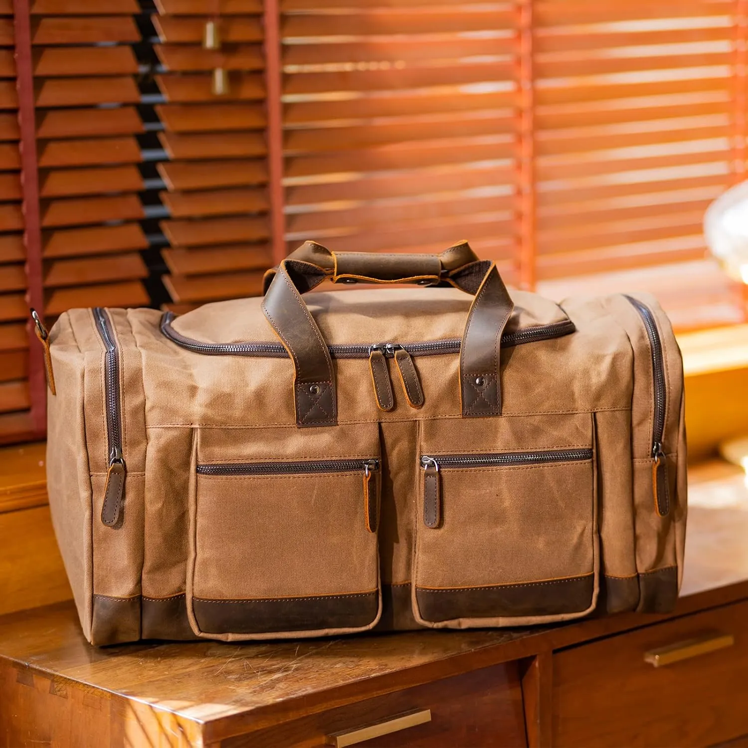 Polare 23 Waxed Canvas Cowhide Leather Waterproof Travel Duffel Bag Trim Luggage Weekender Overnight Carry on Hand Bag