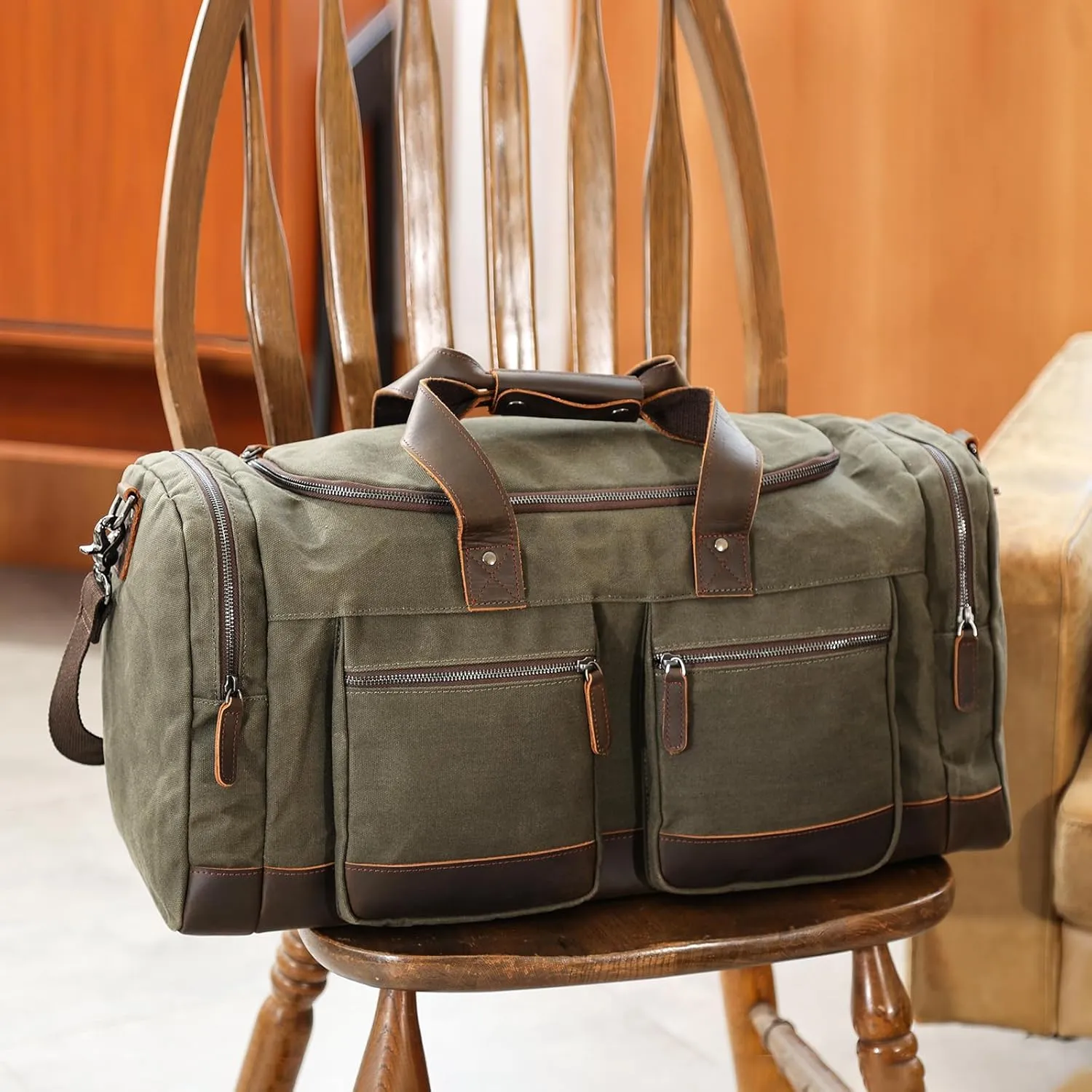 Polare 23 Waxed Canvas Cowhide Leather Waterproof Travel Duffel Bag Trim Luggage Weekender Overnight Carry on Hand Bag