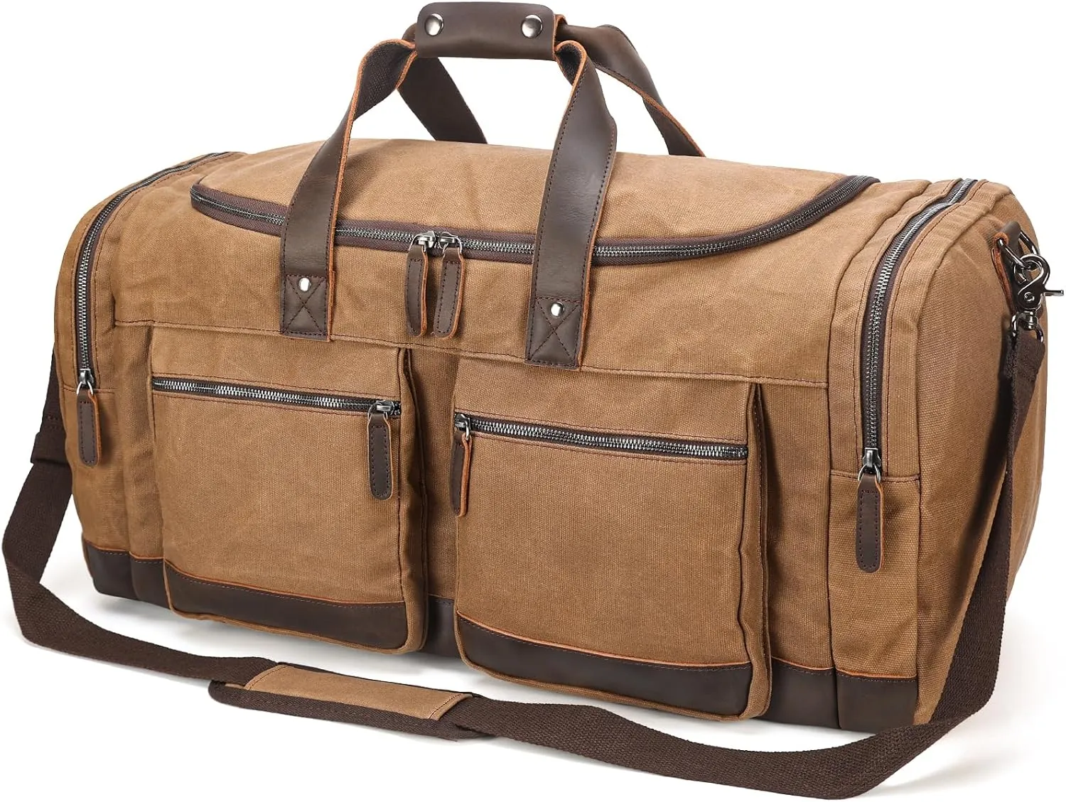 Polare 26 Waxed Canvas Cowhide Leather Waterproof Travel Duffel Bag Trim Luggage Weekender Overnight Carry on Hand Bag (Brown-26")