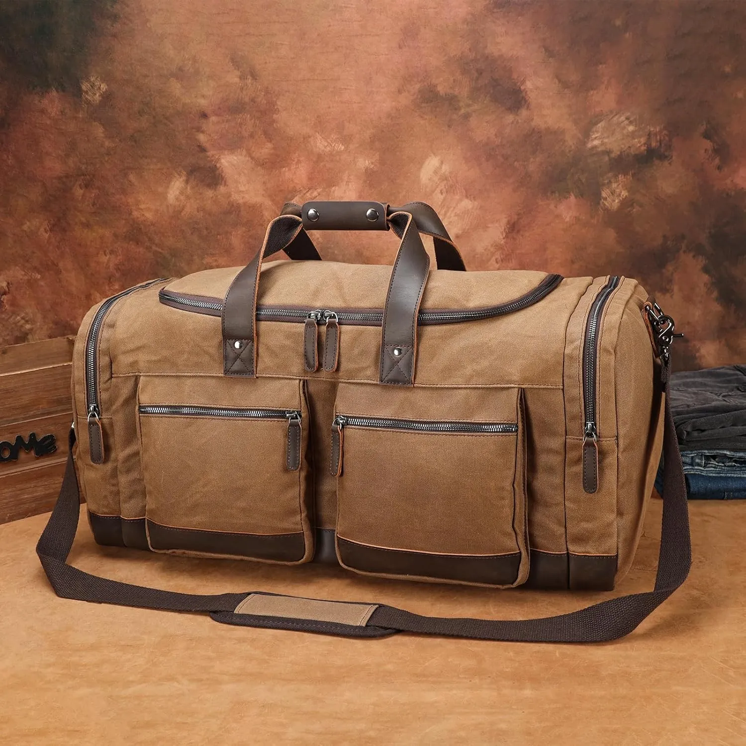 Polare 26 Waxed Canvas Cowhide Leather Waterproof Travel Duffel Bag Trim Luggage Weekender Overnight Carry on Hand Bag (Brown-26")