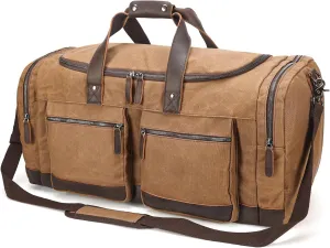 Polare 26 Waxed Canvas Cowhide Leather Waterproof Travel Duffel Bag Trim Luggage Weekender Overnight Carry on Hand Bag (Brown-26")