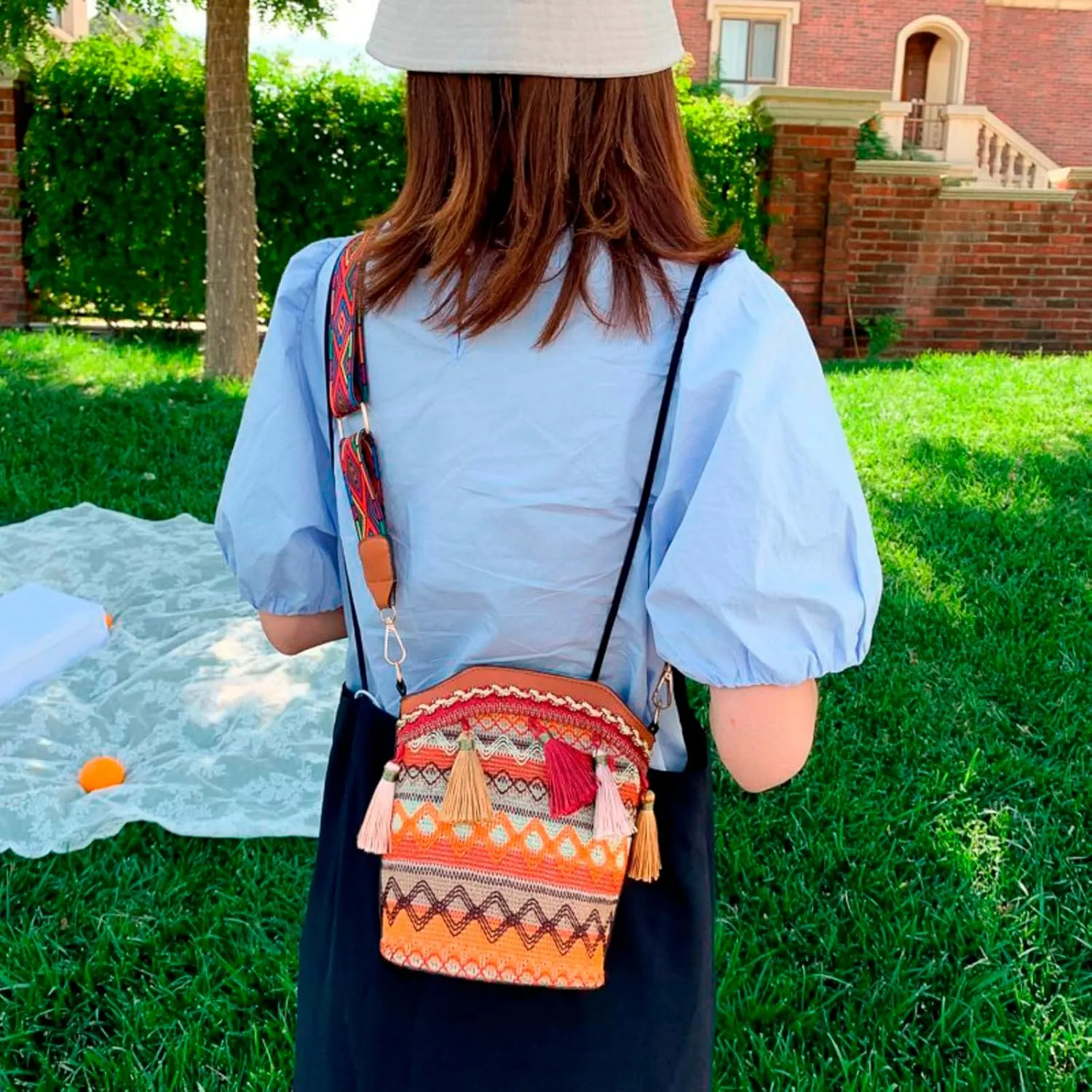 Popular Causal Crossbody Bag Women Ethnic Tassel Sling Handbag Patchwork Messenger Shoulder Bags (Brown, One Size)