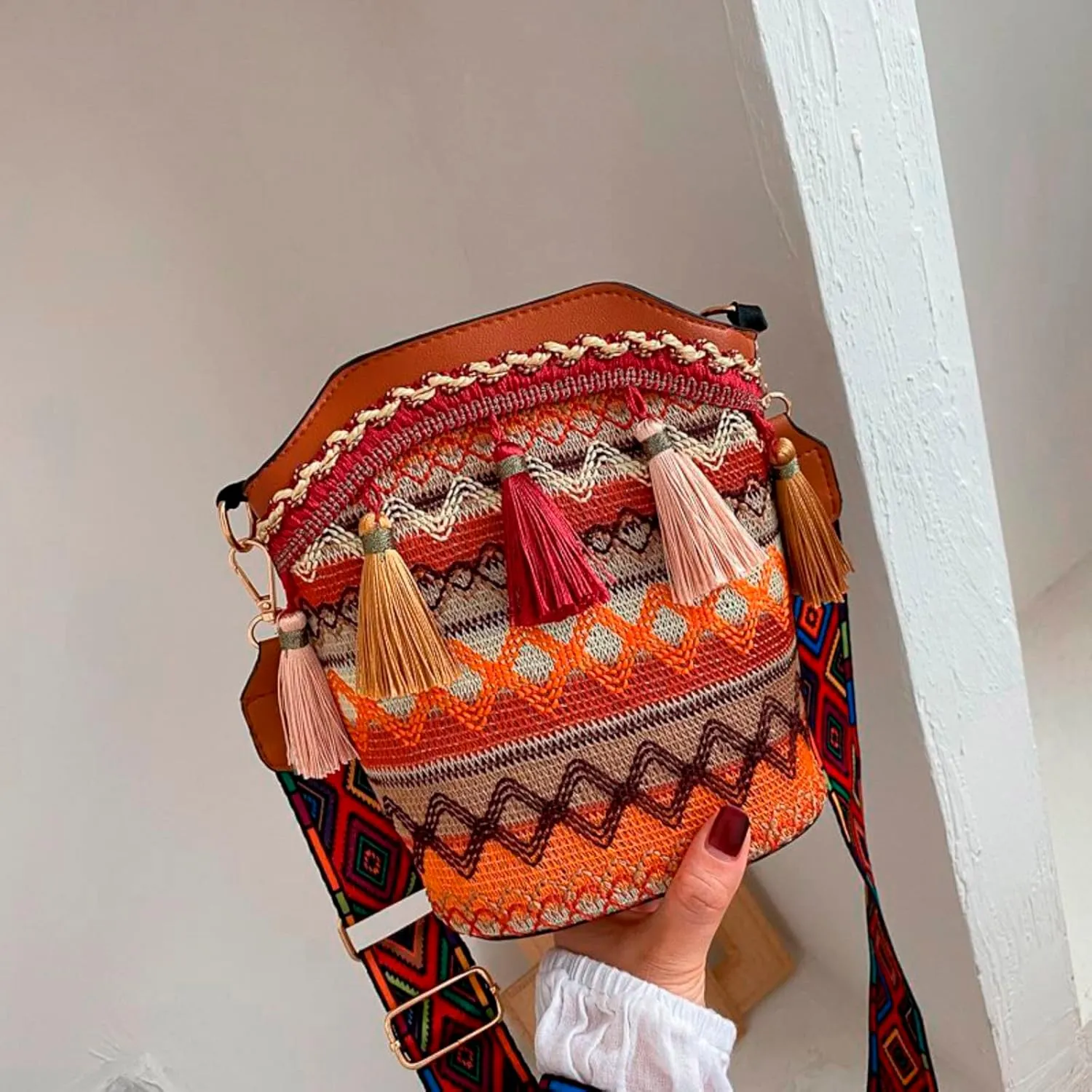 Popular Causal Crossbody Bag Women Ethnic Tassel Sling Handbag Patchwork Messenger Shoulder Bags (Brown, One Size)
