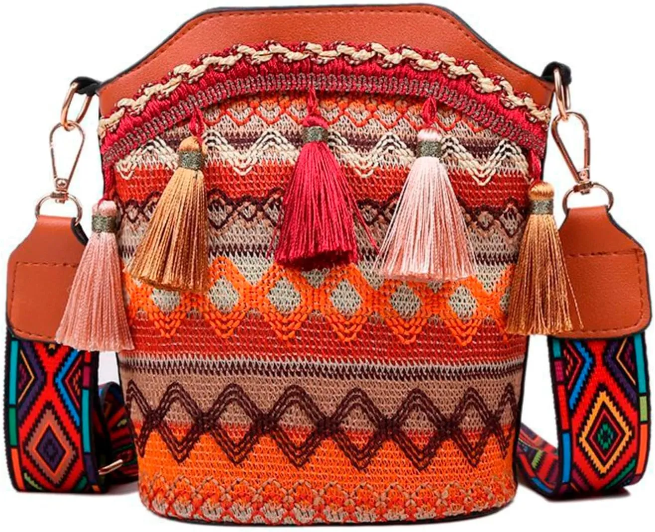 Popular Causal Crossbody Bag Women Ethnic Tassel Sling Handbag Patchwork Messenger Shoulder Bags (Brown, One Size)