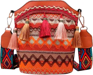 Popular Causal Crossbody Bag Women Ethnic Tassel Sling Handbag Patchwork Messenger Shoulder Bags (Brown, One Size)