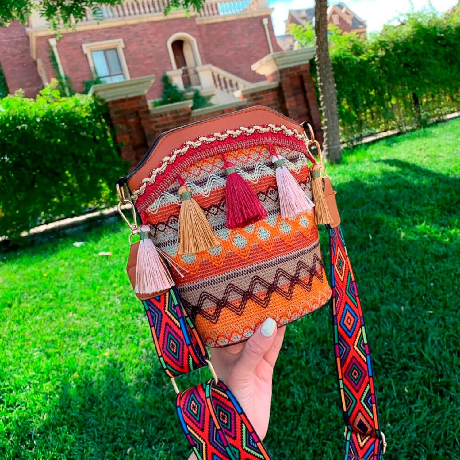 Popular Causal Crossbody Bag Women Ethnic Tassel Sling Handbag Patchwork Messenger Shoulder Bags (Brown, One Size)