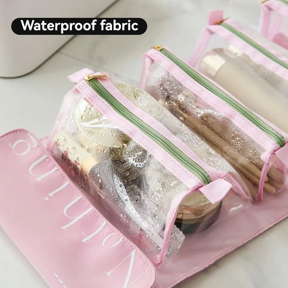 Portable Roll Up Makeup Bag, Travel Toiletry Organizer 4 in 1 Detachable Cosmetic Bag, 4 Removable Storage Cosmetic Bags for Women & Men Toiletries Organizer Gym Camping Grooming (Pink)