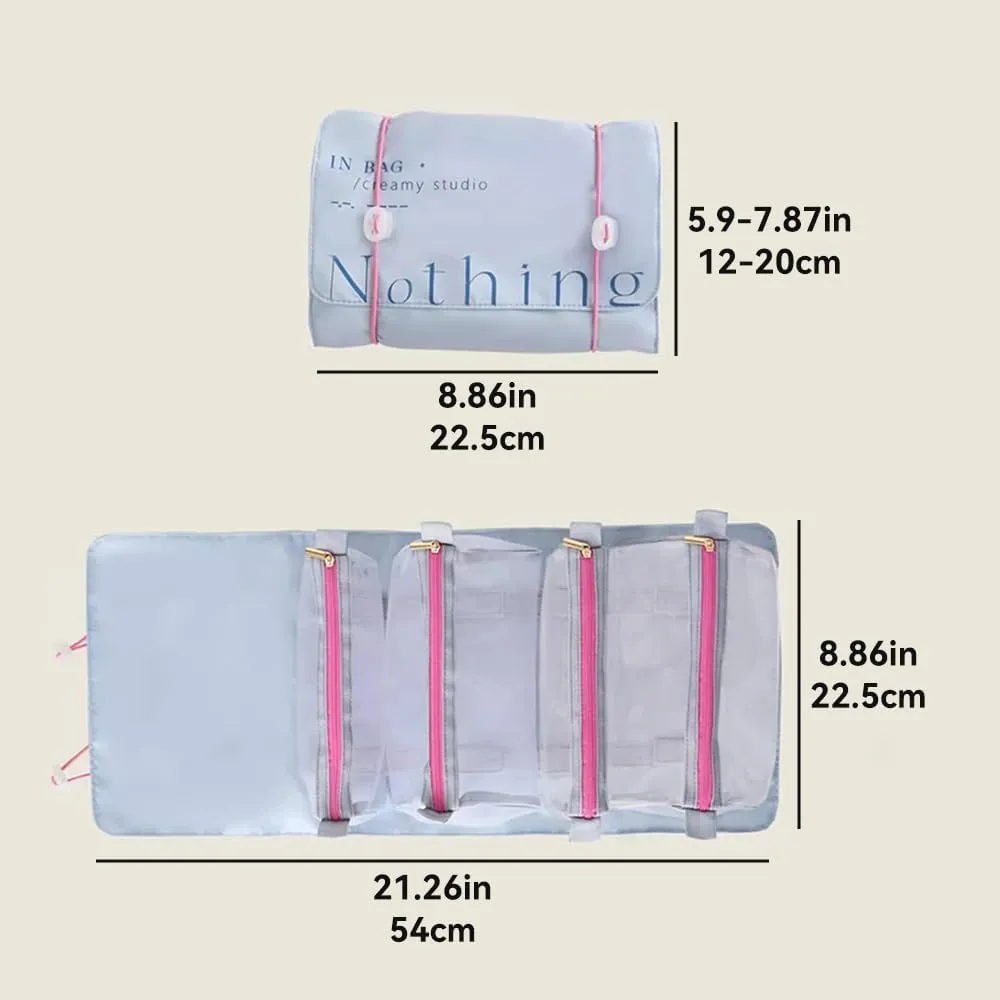 Portable Roll Up Makeup Bag, Travel Toiletry Organizer 4 in 1 Detachable Cosmetic Bag, 4 Removable Storage Cosmetic Bags for Women & Men Toiletries Organizer Gym Camping Grooming (Pink)