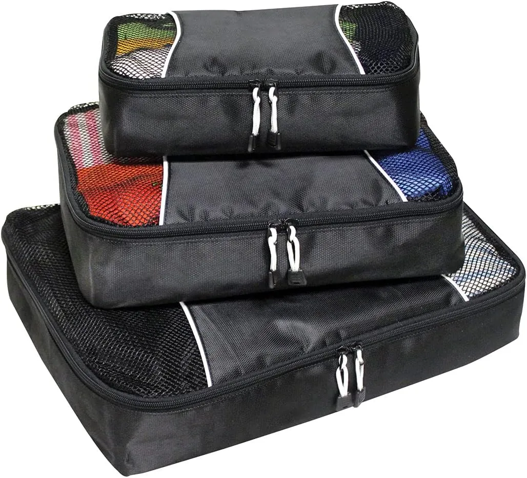 Preferred Nation 3 Piece Set Packing Cubes,Ripstop Nylon and Mesh Top for Easy Identificaton, Organizer for Luggage, 3 Sizes for Various Garments | Great for Travel Black