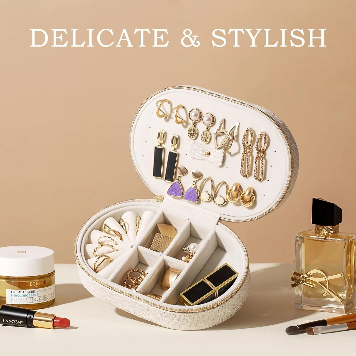 ProCase Travel Jewelry Organizer Box, Small Jewelry Organizer for Earrings Bracelet Necklace Ring, Compact Jewelry Storage Case for Women Girls -Tweed Beige