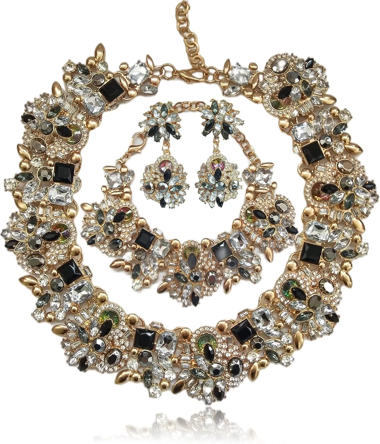 Prom Gold Indian Jewelry Sets for Women - Rhinestone Crystal Bridal Jewelry Kit with Earrings, Necklace & Bracelet, Graduation Gifts, Ethnic Costume Jewelry Set