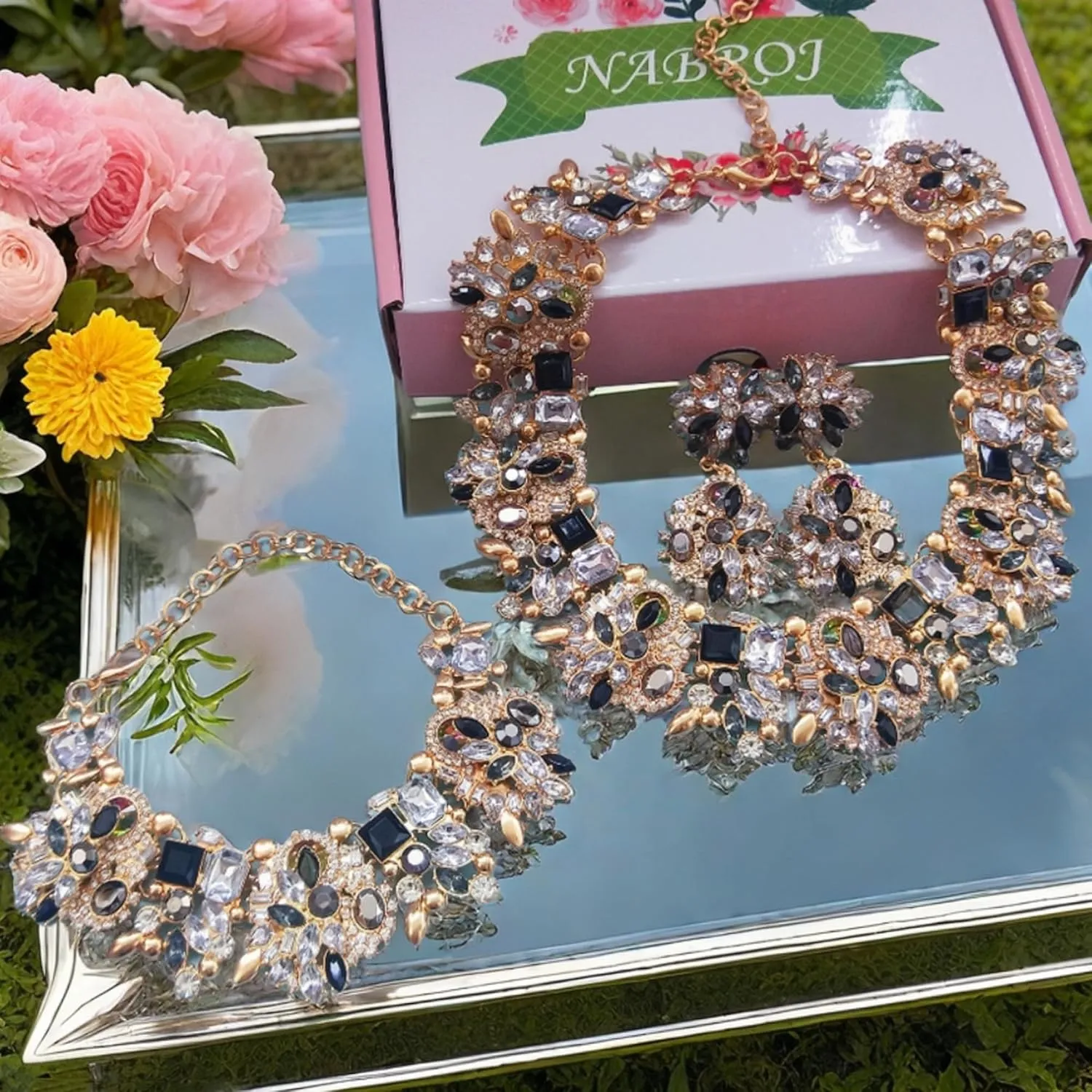 Prom Gold Indian Jewelry Sets for Women - Rhinestone Crystal Bridal Jewelry Kit with Earrings, Necklace & Bracelet, Graduation Gifts, Ethnic Costume Jewelry Set