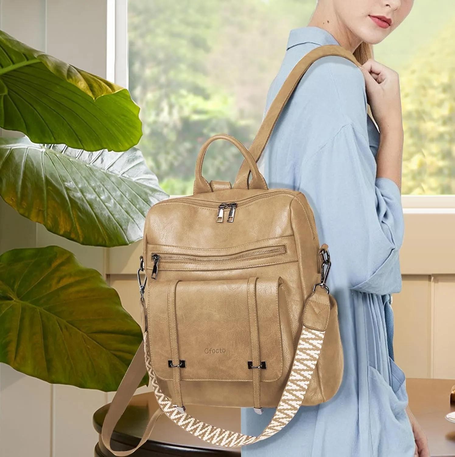 PU Leather Backpack Purse for Women Travel Womens Ladies Backpack Purse Fashion Convertible Shoulder Bags Handbag Light Brown