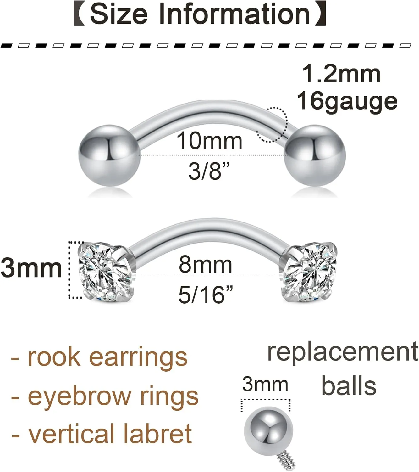 QWALIT Rook Piercing Jewelry Rook Earrings Internally Threaded Eyebrow Piercing Jewelry Eyebrow Rings Eyebrow Piercing Surgical Steel 16g Vertical Labret Lip Jewelry
