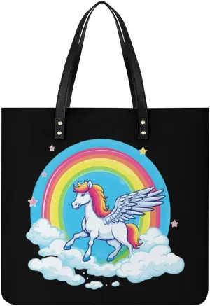 Rainbow Pegasus Tote Bags PU Leather Top Handle Satchel Handbags Shoulder Bags Travel Purse for Women Men