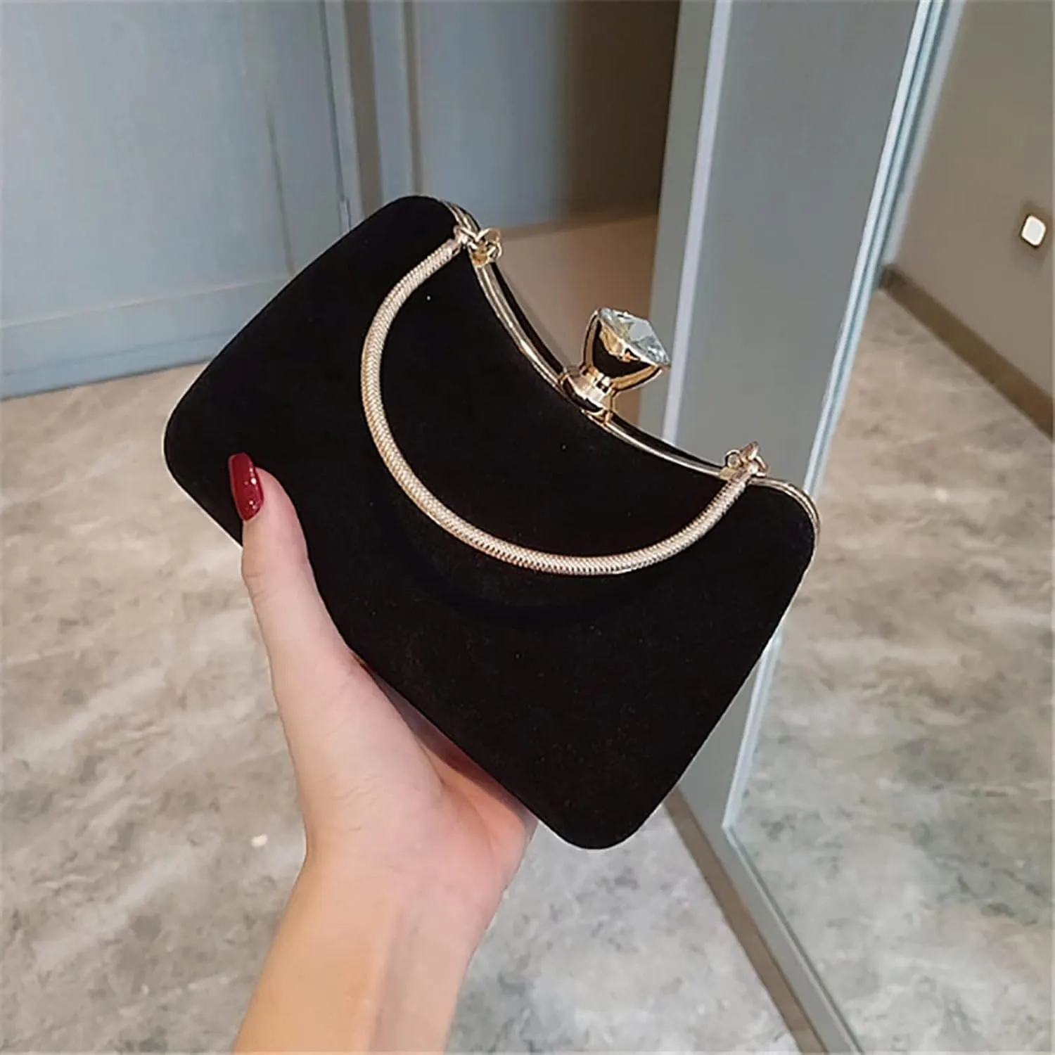 RAN Women Velvet Clutch with Rhinestone Crystal Clasp and Handle, Evening Handbags for Wedding Cocktail Party Banquet