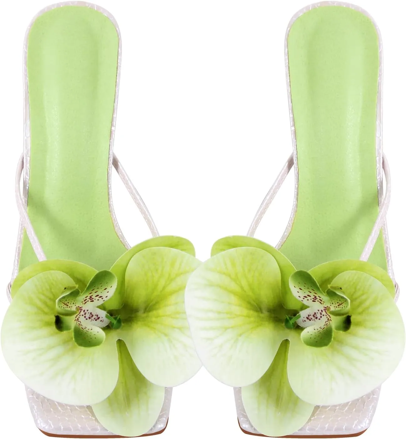 richealnini Floral Orchid Heels for Women Slip On Stiletto High Heels Thong Mules