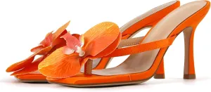 richealnini Floral Orchid Heels for Women Slip On Stiletto High Heels Thong Mules