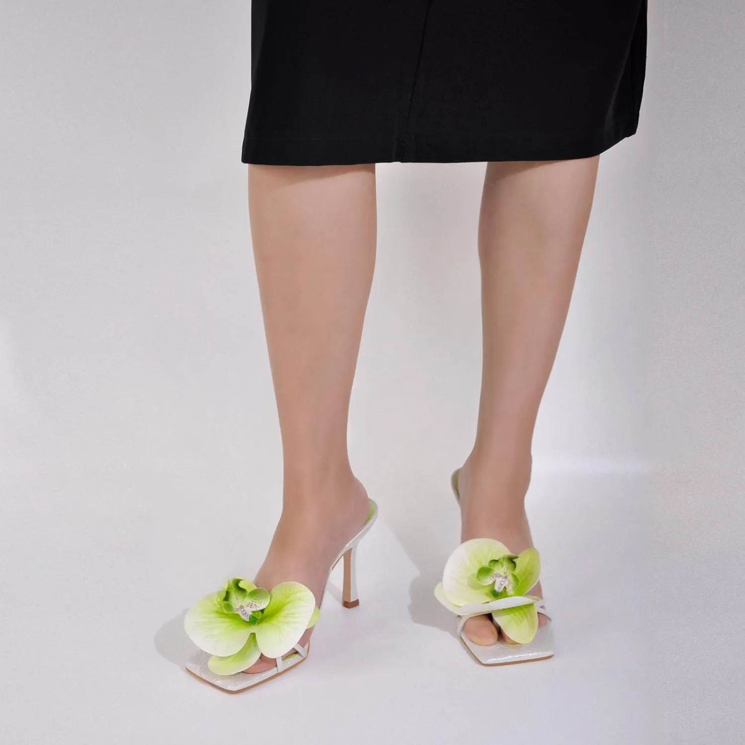 richealnini Floral Orchid Heels for Women Slip On Stiletto High Heels Thong Mules