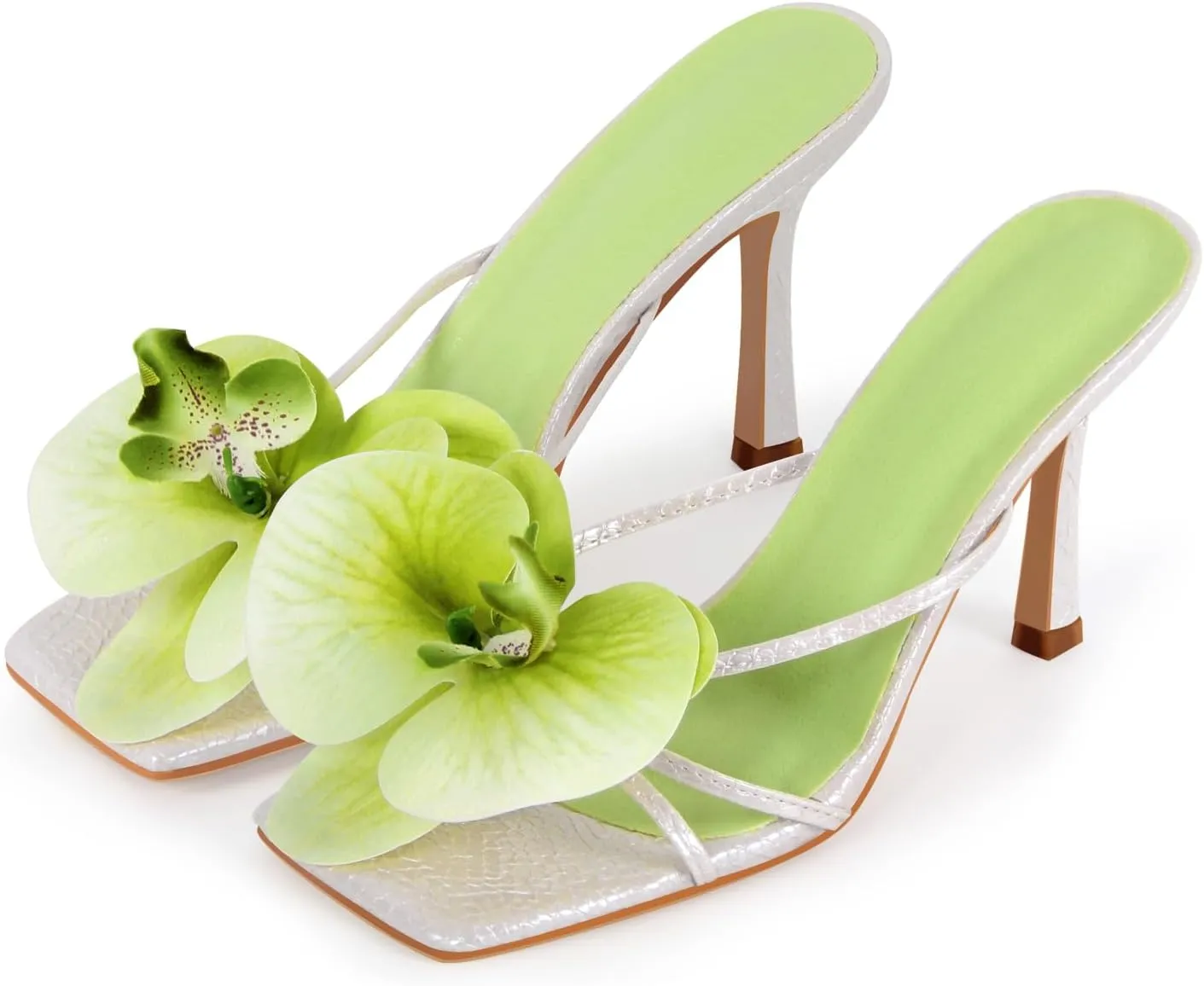 richealnini Floral Orchid Heels for Women Slip On Stiletto High Heels Thong Mules