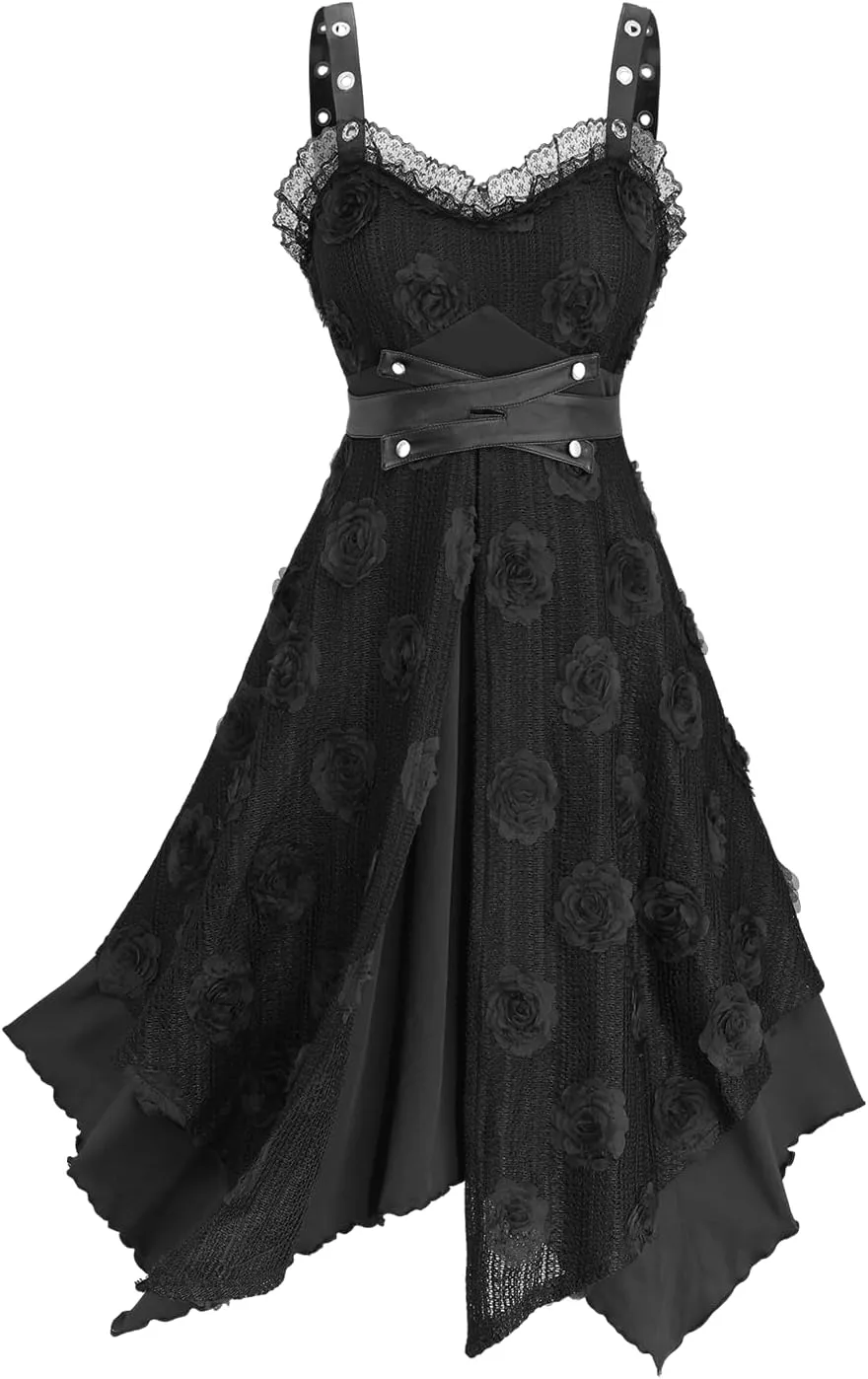 Rosegal Plus Size Gothic Midi Handkerchief Hem Sleeveless Flowy Dress