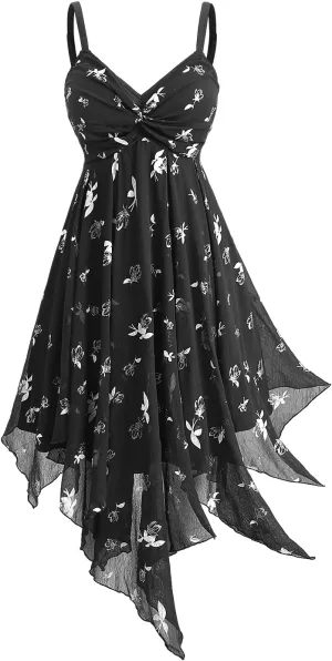 Rosegal Women Plus Size Butterfly Print Empire Waist Handkerchief Hem Backless Midi Flowy Dress