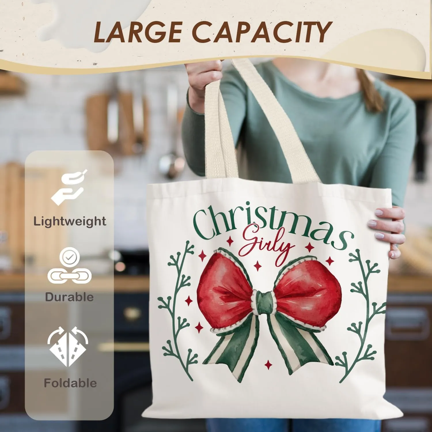 Santa Claus dogs cats cows Christmas Tote Bags for Woman,Reusable Grocery Bags Shopping Bags