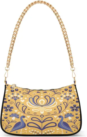 Shoulder Bag for Women Blue and Yellow Flowers and Birds Hobo Purses Handbags for Women with Chain Strap