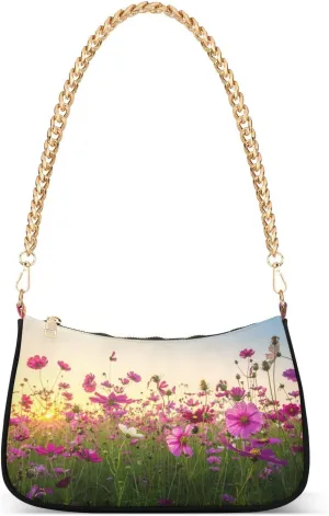 Shoulder Bag for Women Cosmos Flower Field in Sunset Time Hobo Purses Handbags for Women with Chain Strap