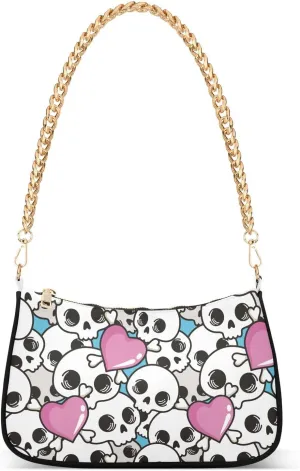 Shoulder Bag for Women Cute Skulls with Pink Hearts Hobo Purses Handbags for Women with Chain Strap