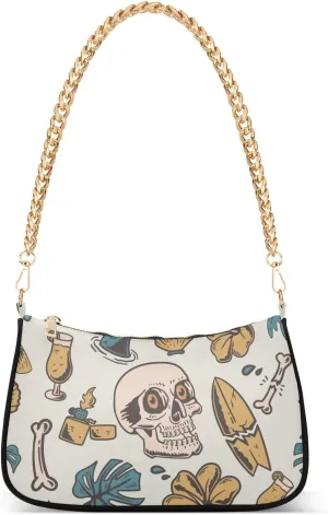 Shoulder Bag for Women Doodle Retro Summer Skull Hobo Purses Handbags for Women with Chain Strap