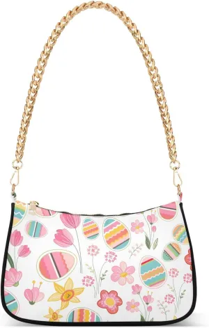 Shoulder Bag for Women Easter Pink Eggs Flowers Hobo Purses Handbags for Women with Chain Strap