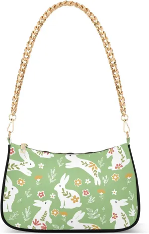 Shoulder Bag for Women Easter White Rabbit Flowers Leaves Hobo Purses Handbags for Women with Chain Strap