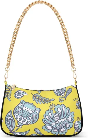 Shoulder Bag for Women Elegant Blue Floral on Yellow Hobo Purses Handbags for Women with Chain Strap