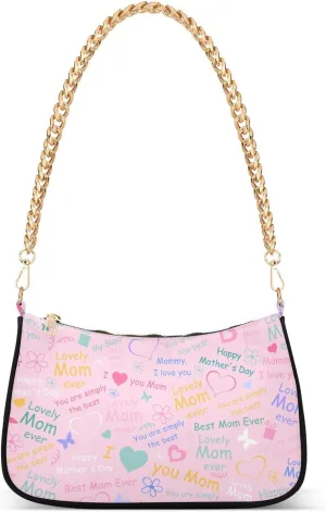 Shoulder Bag for Women Happy Mothers Day Pink Pattern Hobo Purses Handbags for Women with Chain Strap