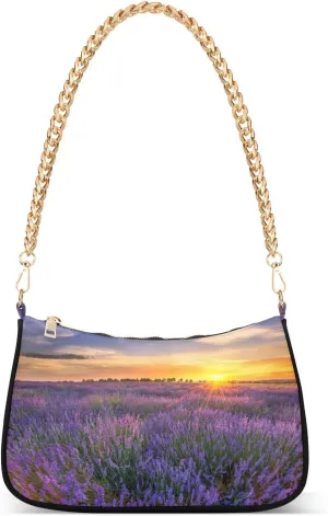 Shoulder Bag for Women Lavender Field Sunset Landscape Hobo Purses Handbags for Women with Chain Strap