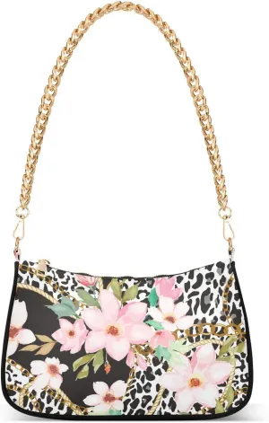 Shoulder Bag for Women Leopard Prints Pink Flowers Hobo Purses Handbags for Women with Chain Strap