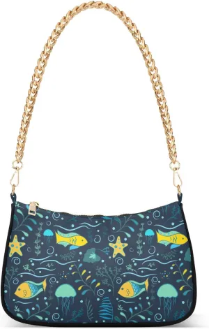 Shoulder Bag for Women Marine Fish Seaweed Starfish Jellyfish Hobo Purses Handbags for Women with Chain Strap