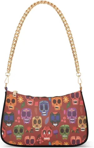 Shoulder Bag for Women Mexican Skulls Flowers on Red Hobo Purses Handbags for Women with Chain Strap